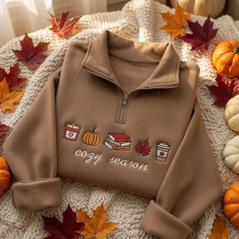 EMBROIDERED Cozy Season Quarter Zip Sweatshirt, Fall Books Coffee Pumpkin Pullover, Autumn Readin... | Etsy (Global)