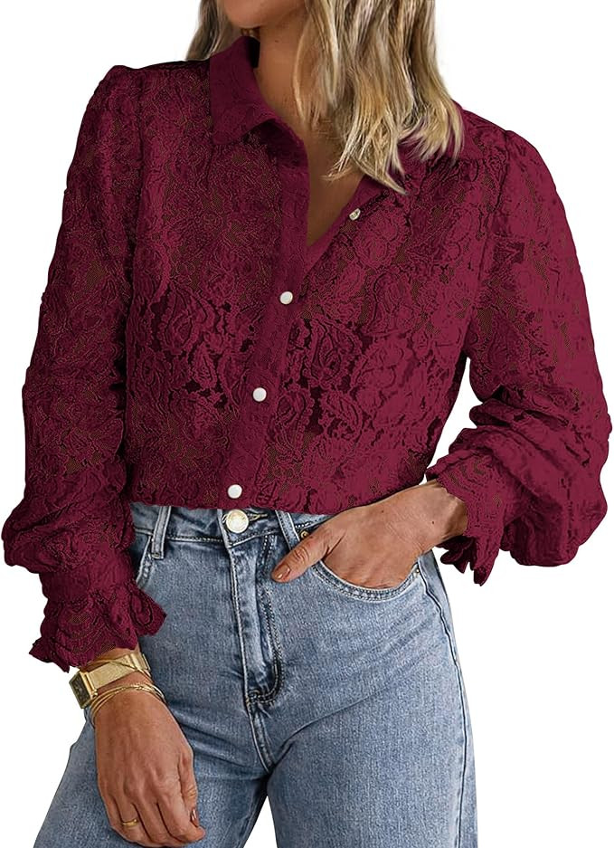 BTFBM Long Sleeve Lace Blouses for Women 2024 Fall Dressy Casual Button Down Shirts Date Night Ou... | Amazon (US)