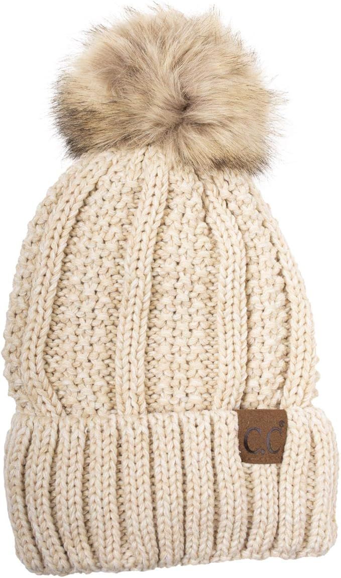 C.C Thick Cable Knit Faux Fuzzy Fur Pom Fleece Lined Skull Cap Cuff Beanie, Beige/Ivory at Amazon... | Amazon (US)