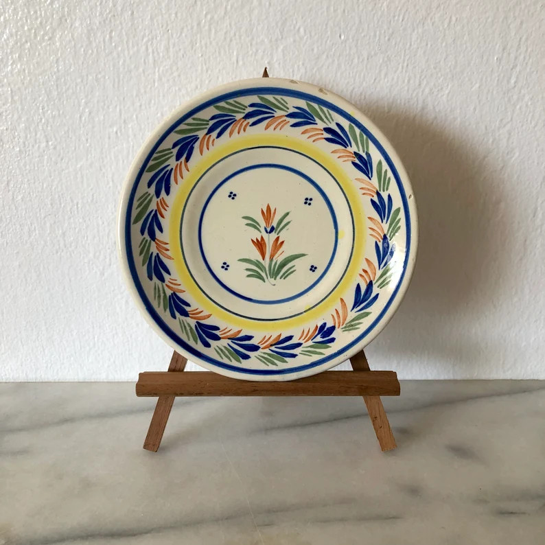 Henriot Quimper Faience Saucer French Faiance Pottery Small Plate With Botanical Motif Blue and Y... | Etsy (US)