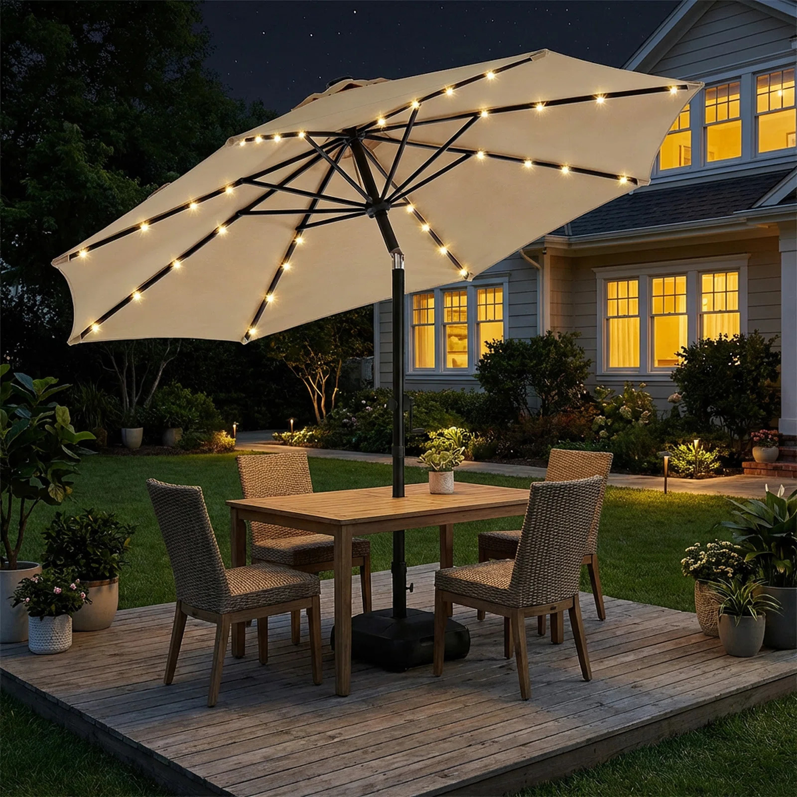 Solar LED Lighted Market Patio Umbrella with Base & Push Button Tilt | Wayfair North America