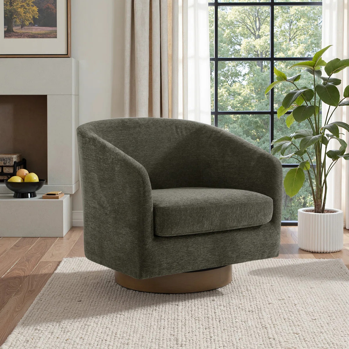 Applewold Upholstered Tan Chenille Swivel Barrel Chair with Solid Wood Base | Wayfair North America
