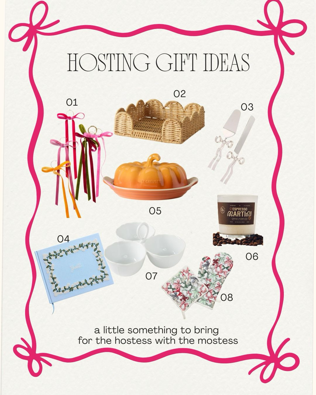 🎀 Hosting Gift Ideas 🎀
 'Tis the season for cozy dinner parties and festive gatherings — and you never want to show up empty-handed! 

✨ Here are a few of my favorite thoughtful hostess gifts that feel special, useful, and oh-so-charming.

💝 Tap to shop these favorites: 01. Ribbon Drink Charms — a playful pop of color 🍸 02. Rattan Napkin Holder — classic & cozy texture 03. Cake Server Set  — perfect for that one *extra* friend 04. Guest Book — a keepsake for memory-making ✍️ 05. Pumpkin Butter Dish — festive & functional 🍂 06. Espresso Candle — smells like a cozy café ☕️ 07. Trio Serving Sowl — ideal for dips or snacks 08. BoO oven Mitt Set — sweet & stylish 🍴

Bring a little something for the hostess with the mostest — because showing up with a pretty, practical gift is always in good taste. 💗
.
.
.
#HostingGifts #HostessGiftIdeas #DinnerPartySeason #LTKHoliday #GiftGuide #SweetpeaStyle


#LTKParties #LTKSeasonal #LTKHome
