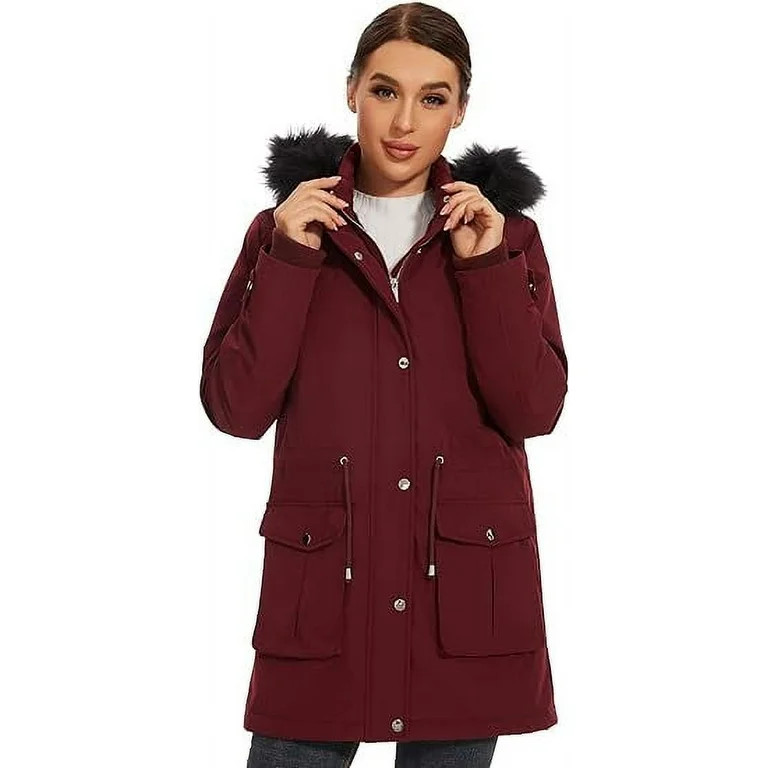 Women's Parka Coat Hooded Warm Parka Jacket Long Winter Coat with Fleece Lined (Wine, Small) | Walmart (US)