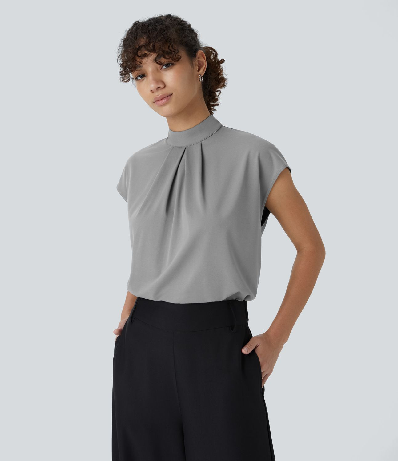 Women’s Stand Collar Plicated Button Back Cap Sleeve Work Blouse - Halara | HALARA