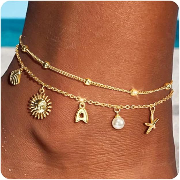 Ankle Bracelets for Women - Gold Initial Anklets for Women Waterproof Handmade Layered Gold Beach... | Amazon (US)