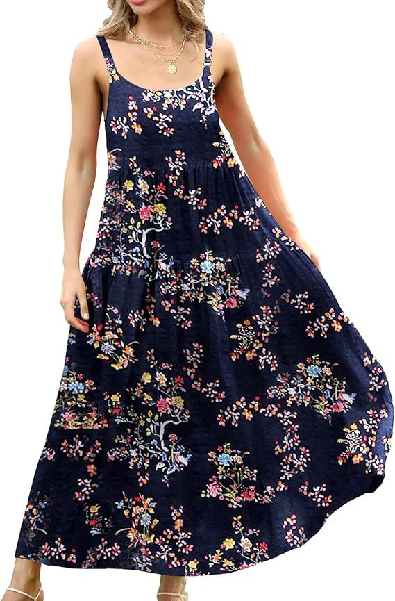 YESNO Women Casual Loose Bohemian Floral Print Dresses Spaghetti Strap Long Summer Beach Swing Dr... | Amazon (US)