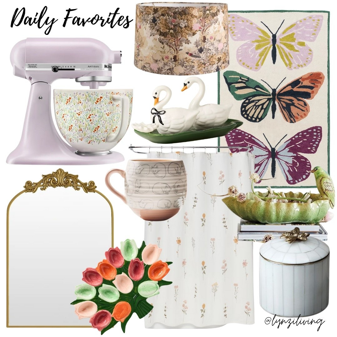 Daily Favorites 

Spring decor 2026, spring home decor 2026, floral home decor, floral decor, KitchenAid mixer, floral mixer, kitchen appliances, floral lampshade, spring lampshade, ornate wall mirror, gold wall mirror, brass wall mirror, tulip deviled egg tray, cat mug, spring mug, spring shower curtain, floral shower curtain, botanical shower curtain, bee canister, kitchen canister, white canister, bird bowl, decorative bowl, swan salt and pepper shakers, spring area rug, butterfly area rug

#LTKHome #LTKSeasonal