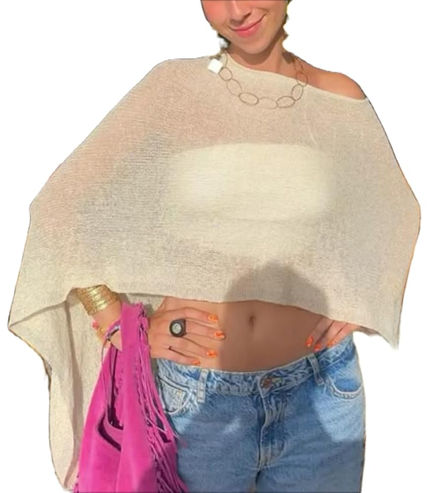 Yoawdats Women Sheer Poncho Shrug Lightweight See Through Knitted Mesh Shawl Y2k Asymmetrical Pon... | Amazon (US)