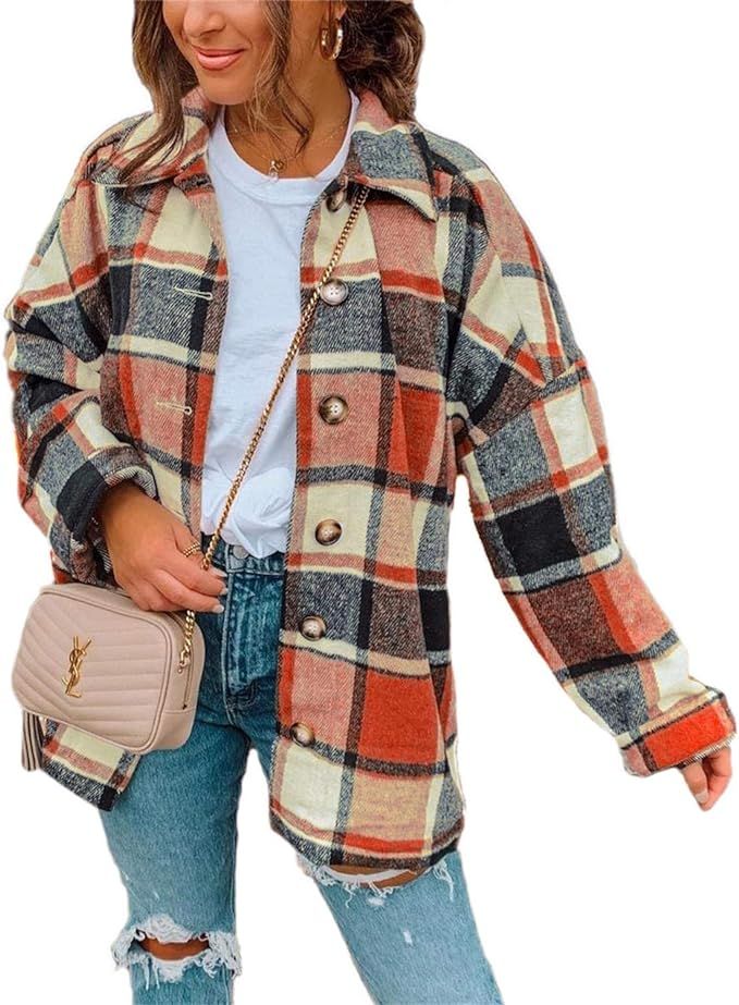 Women Long Sleeve Flannel Plaid Shirts Casual Button Down Shirt Jacket Cardigan | Amazon (US)