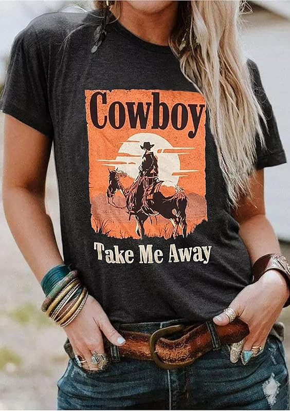 Cowboy Take Me Away T-Shirt for Women Western Cowboy Vintage Graphic Tees Horse Shirt Tops | Amazon (US)