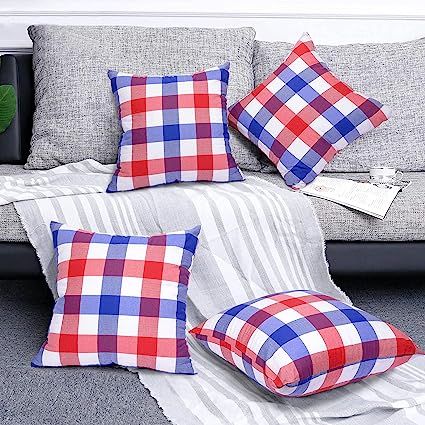 tiosggd Set of 4 Buffalo Check Plaid Throw Pillow Covers Red and White and Blue 18 x 18 Inch 4th ... | Amazon (US)