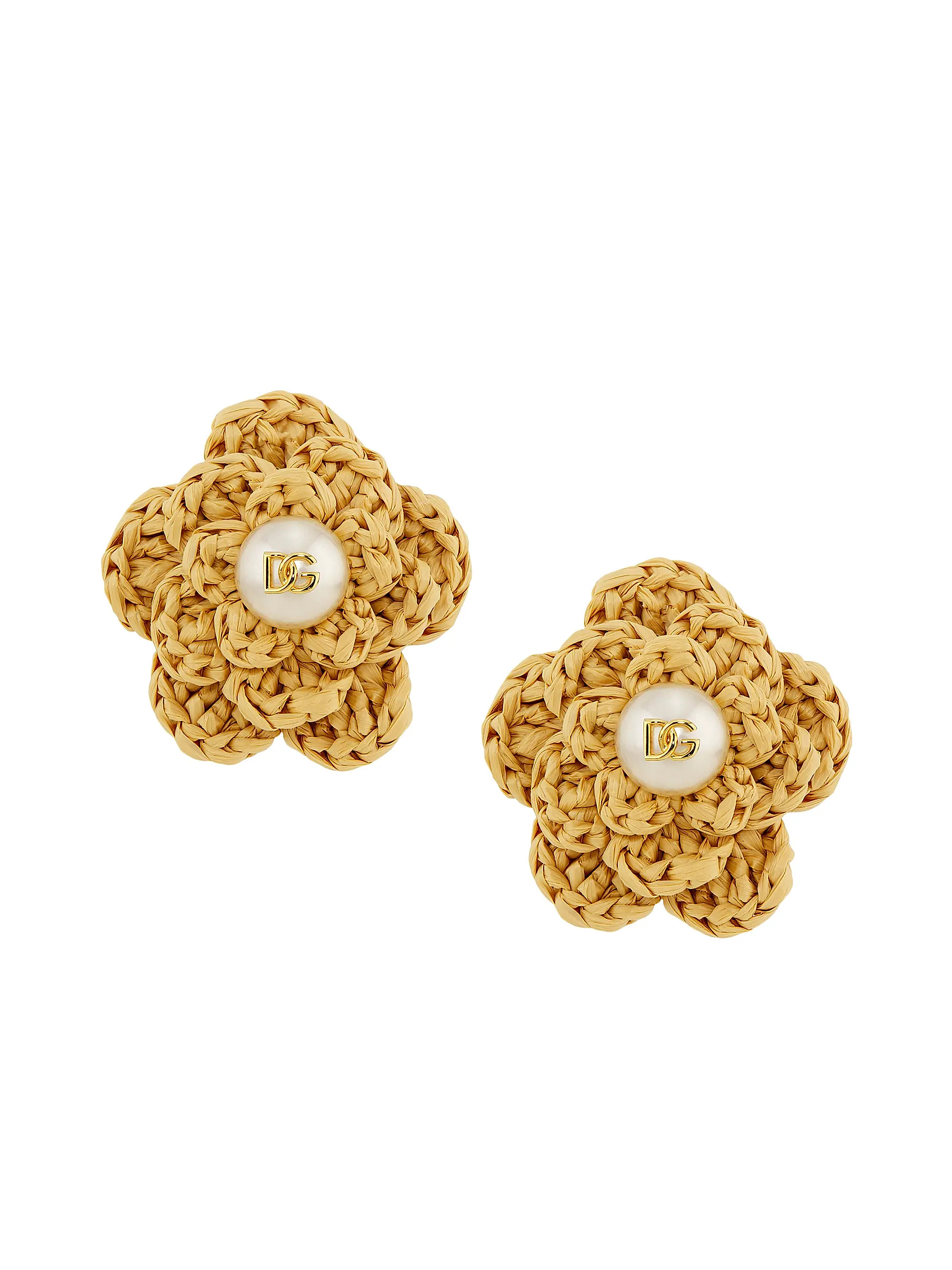 Dolce&Gabbana Flower Goldtone, Raffia &amp; Imitation Pearl Clip-On Earrings | Saks Fifth Avenue | Saks Fifth Avenue