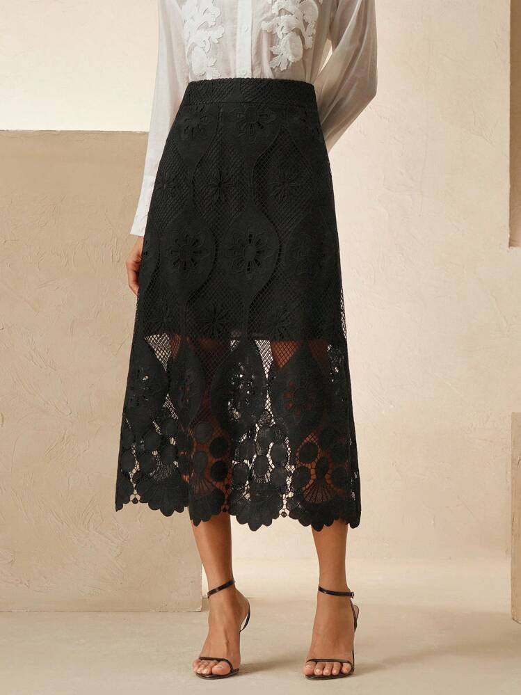 Anewsta Saia Longa Elegante De Renda Vazada Para Mulheres | SHEIN