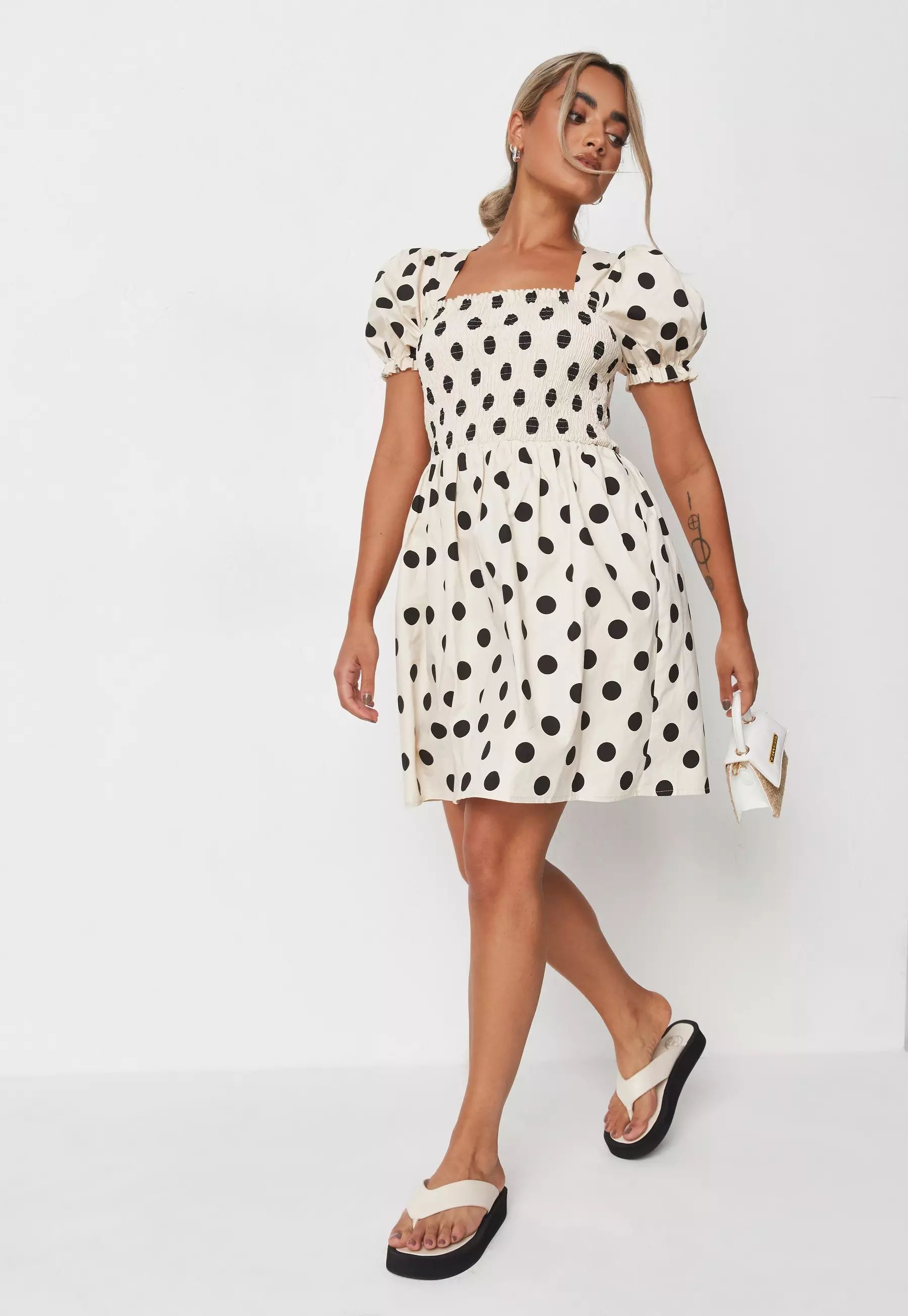 Cream Polka Dot Shirred Bust Milkmaid Mini Dress | Missguided (UK & IE)