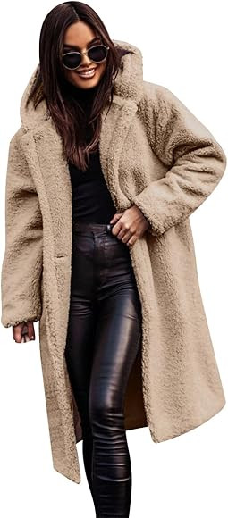 ODIZLI Women's Winter Coats Fuzzy Fleece Long Hooded Jackets Button Down Faux Fur Warm Outwear Wi... | Amazon (US)