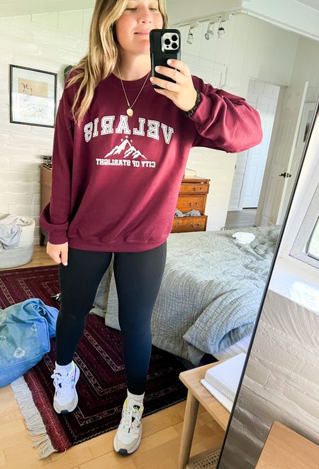 ACOTAR sweatshirt!!! I'm in a size L. 

Medium in all athleta, and the sneaks run a bit large! 