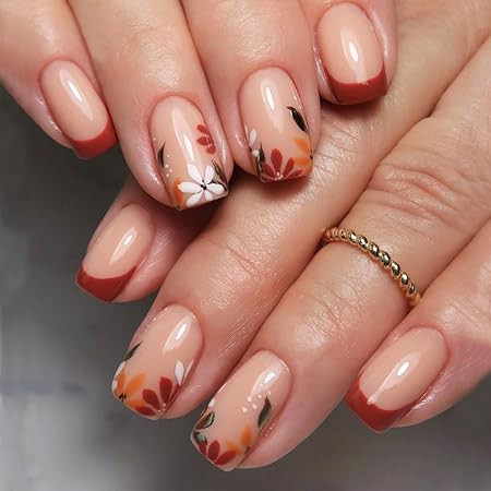 Thanksgiving Press on Nails Fall Medium Square Red French Fake Nails, Red Orange Flowers Acrylic ... | Amazon (US)