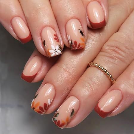 Thanksgiving Press on Nails Fall Medium Square Red French Fake Nails, Red Orange Flowers Acrylic ... | Amazon (US)