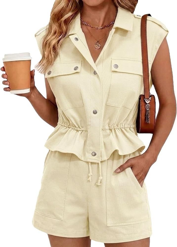 Womens 2 Piece Outfits Sleeveless Button Down Peplum Top and Shorts Set Casual Summer Matching Se... | Amazon (US)