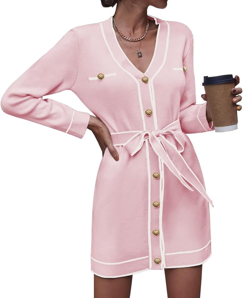 Women's V Neck Long Sleeve Mini Dress Elegant Button Down Open Front Color Block Knit Sweater Car... | Amazon (US)