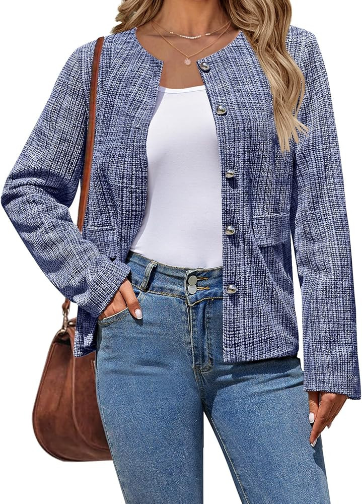 MEROKEETY Women's 2024 Fall Long Sleeve Tweed Blazer Jackets Button Business Casual Work Knit Car... | Amazon (US)