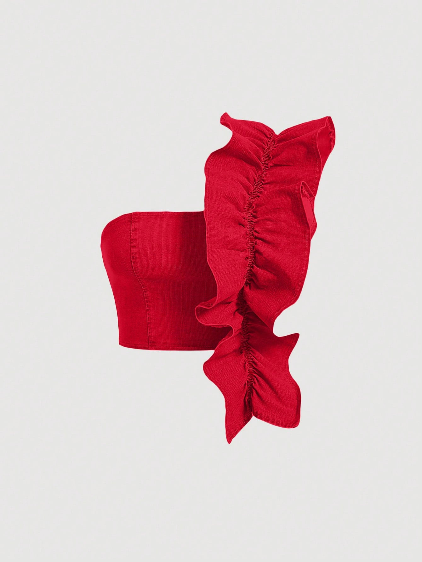 SHEIN MOD One Shoulder Ruffle Trim Crop Denim Top | SHEIN