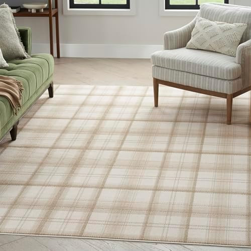 Nourison Home Grafix Plaid Ivory Beige 7'10" x 9'10" Area Rug, Easy Cleaning, Non Shedding, Bed R... | Amazon (US)
