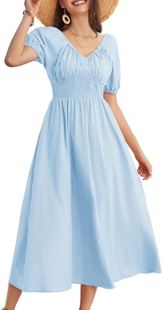 GRACE KARIN 2024 Women's Summer V Neck Smocked Dresses Short Sleeve Flowy A Line Maxi Dress with ... | Amazon (US)