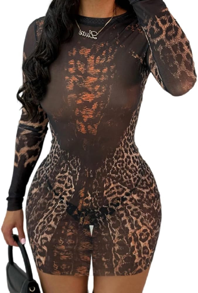 AIBEARTY Women's Sexy Leopard Printed Mesh Sheer Mini Dress See Through Long Sleeve Bodycon for P... | Amazon (US)