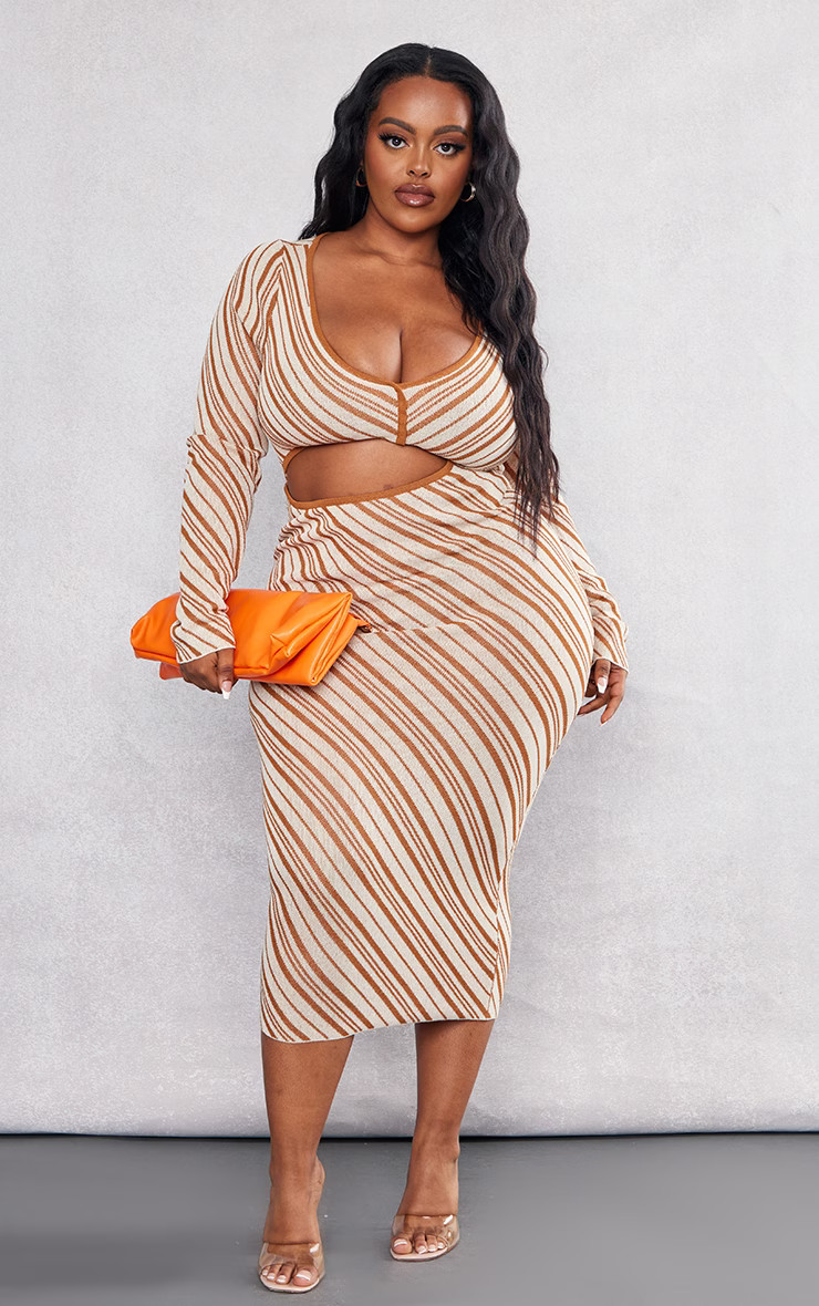 Plus Brown Stripe Cut Out Midi Dress | PrettyLittleThing UK