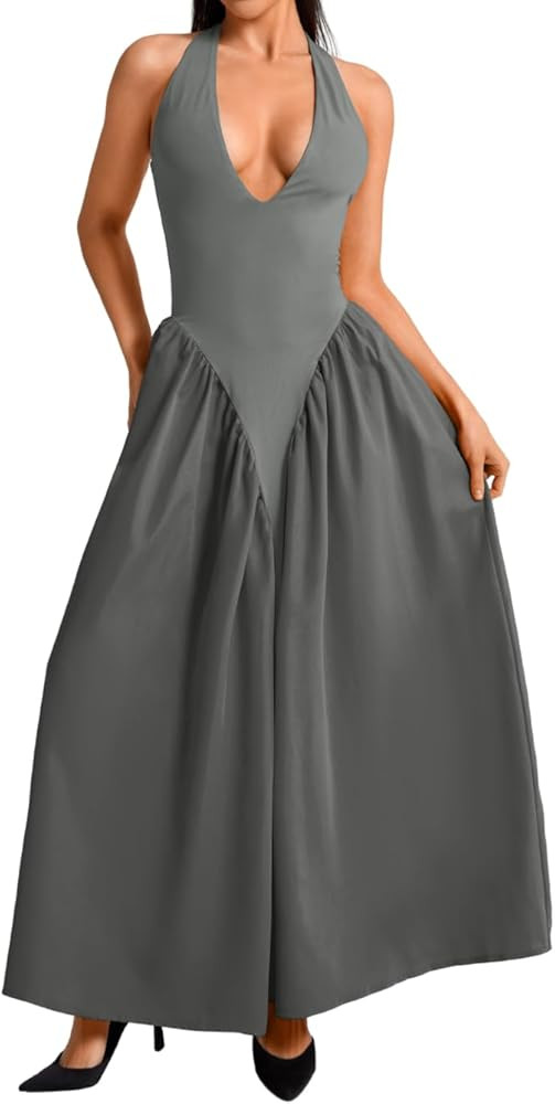 ChiaoLezhee Deep V Neck Dress, Halter Maxi Dresses, Vacation Date Night, Sexy for Women Corset Fl... | Amazon (US)