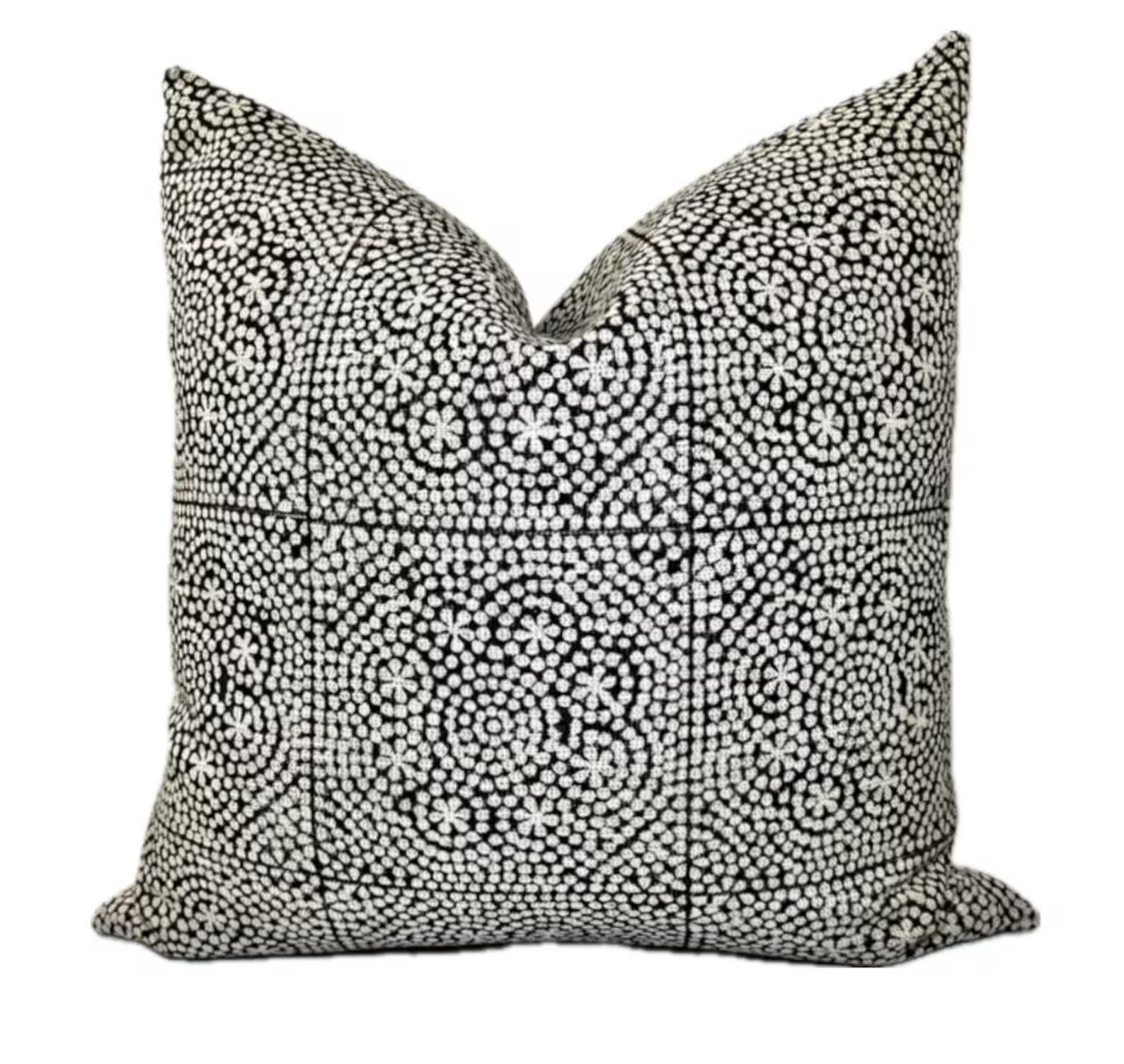 Black Block Print Linen Pillow Cover - Black Dotted Floral - Penelope Pillow Cover - Etsy | Etsy (US)