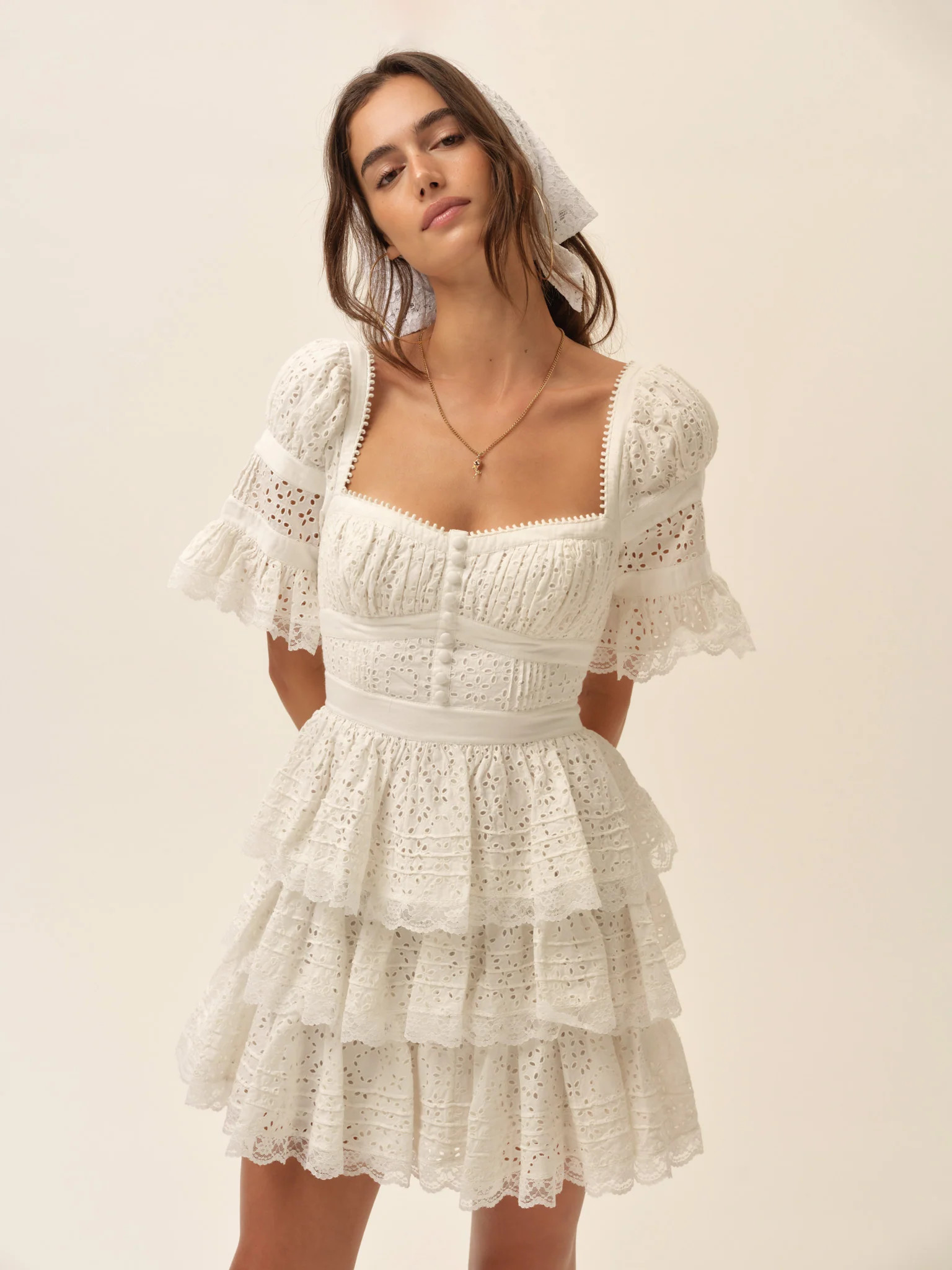 Made From CottonWilla Mini Dress$319 Select a sizeSubtle eyelet embroidery and flouncy tiers give... | For Love & Lemons