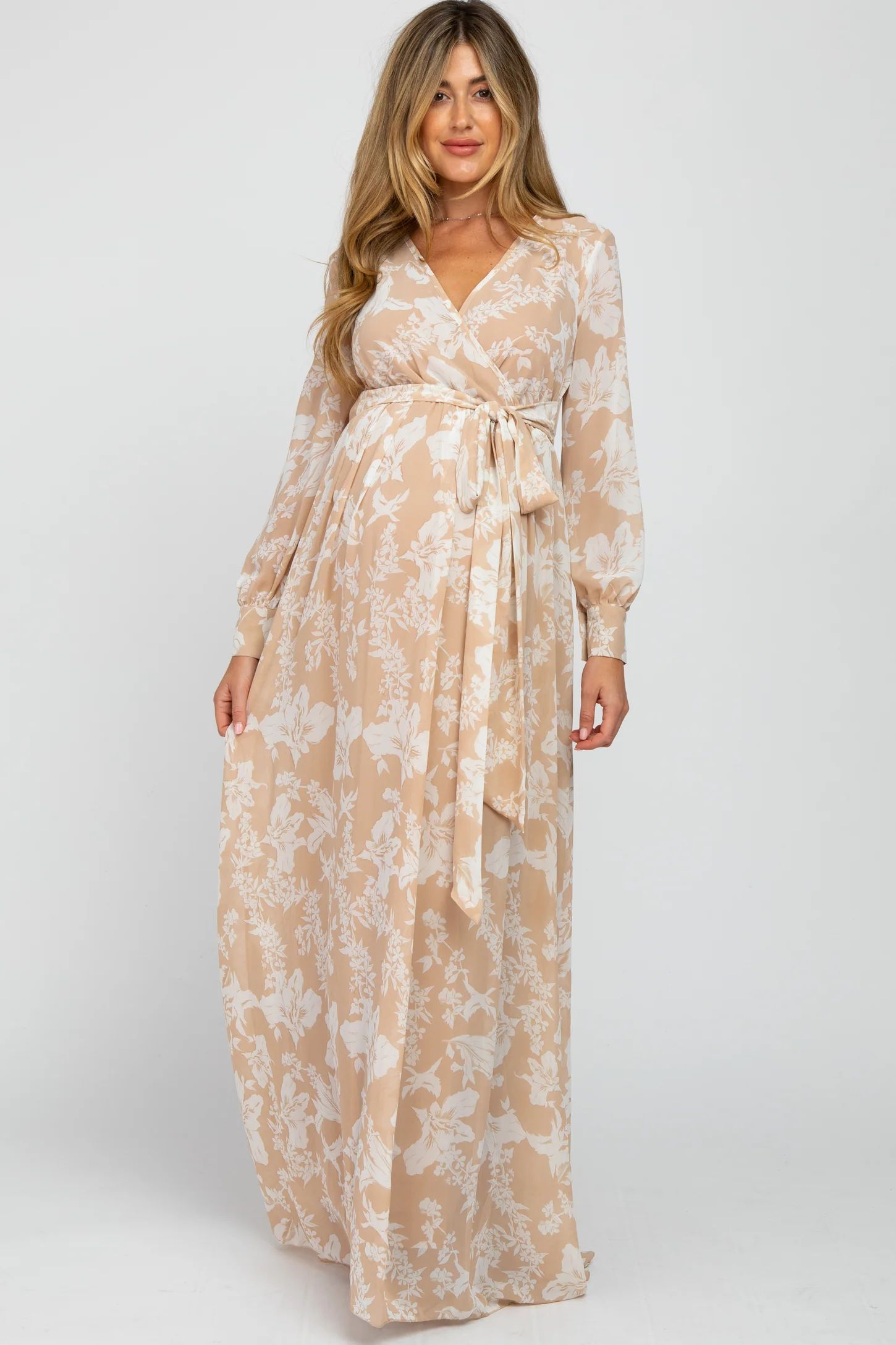 Taupe Floral Chiffon Maternity Maxi Dress | PinkBlush Maternity