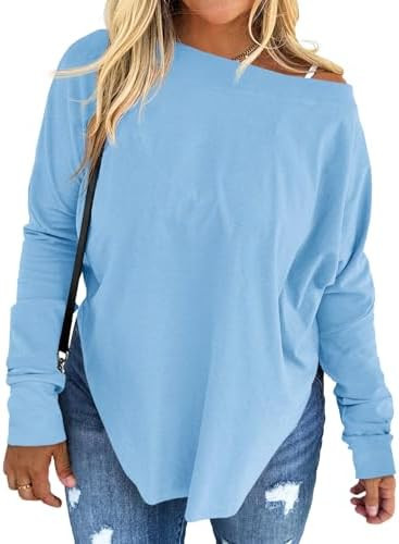 Beautife Women's Plus Size Tops Off Shoulder Long Sleeve Loose T Shirts Casual Curved Hem Tunics ... | Amazon (US)