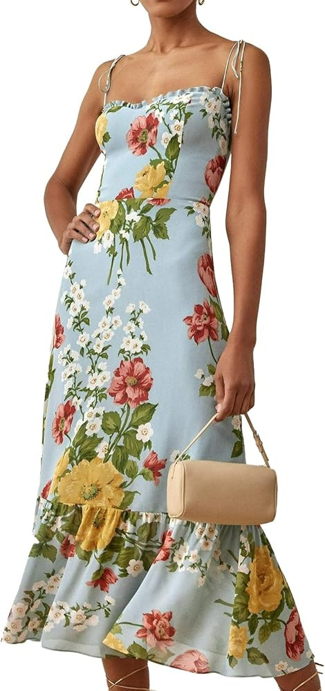 Jardinvue Women Floral Dress Summer Cami Dress Casual Lace Up Dress Backless Midi Dress Spaghetti... | Amazon (US)