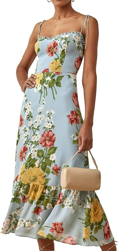 Floral Sling Tie Pleated Open Back Midi Dress Chiffon Ruffle Maxi Dress for Resort and Everyday W... | Amazon (US)