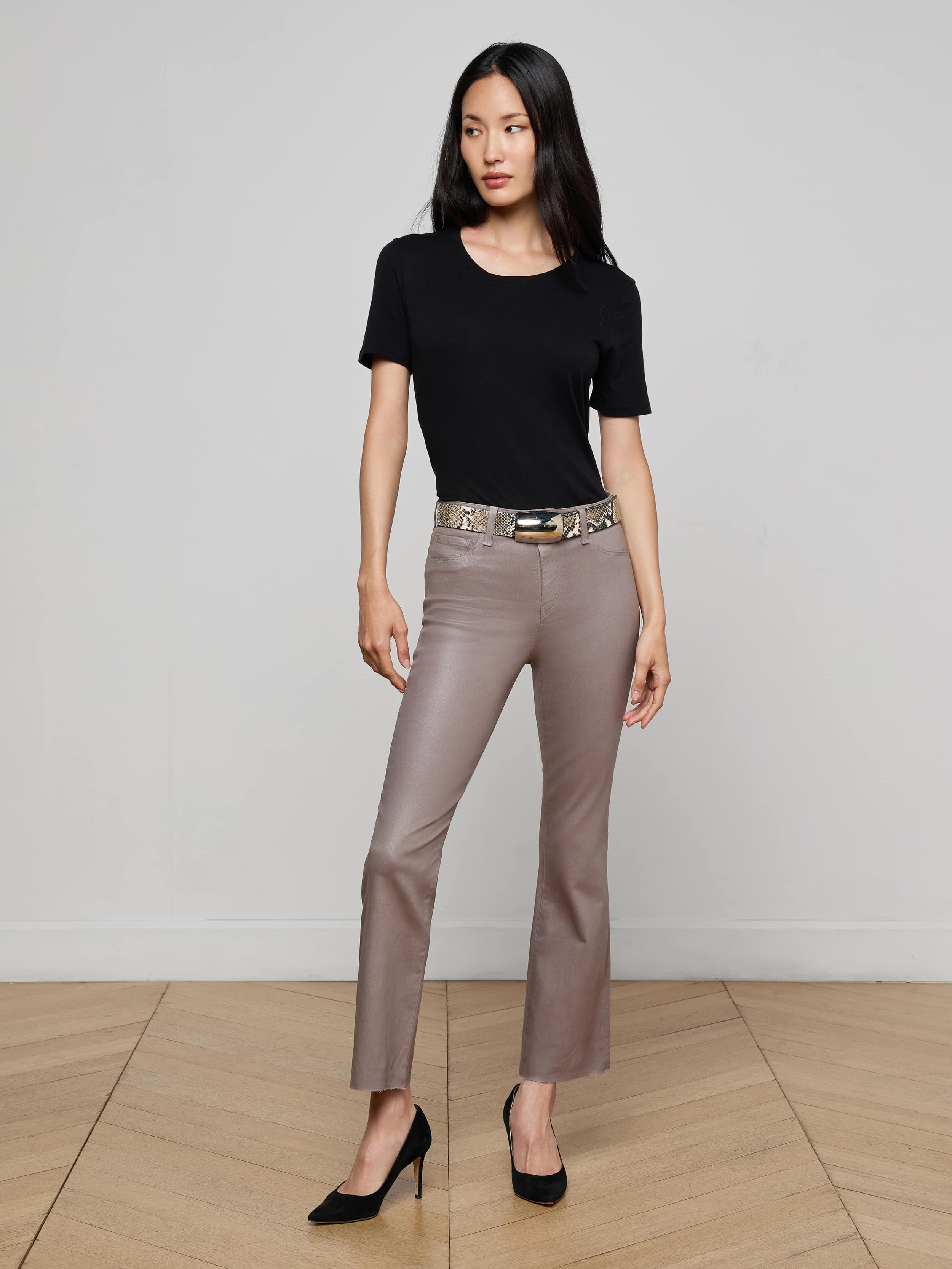 Kendra Coated Cropped Flare Jean in Driftwood Coated | L'AGENCE | L'Agence