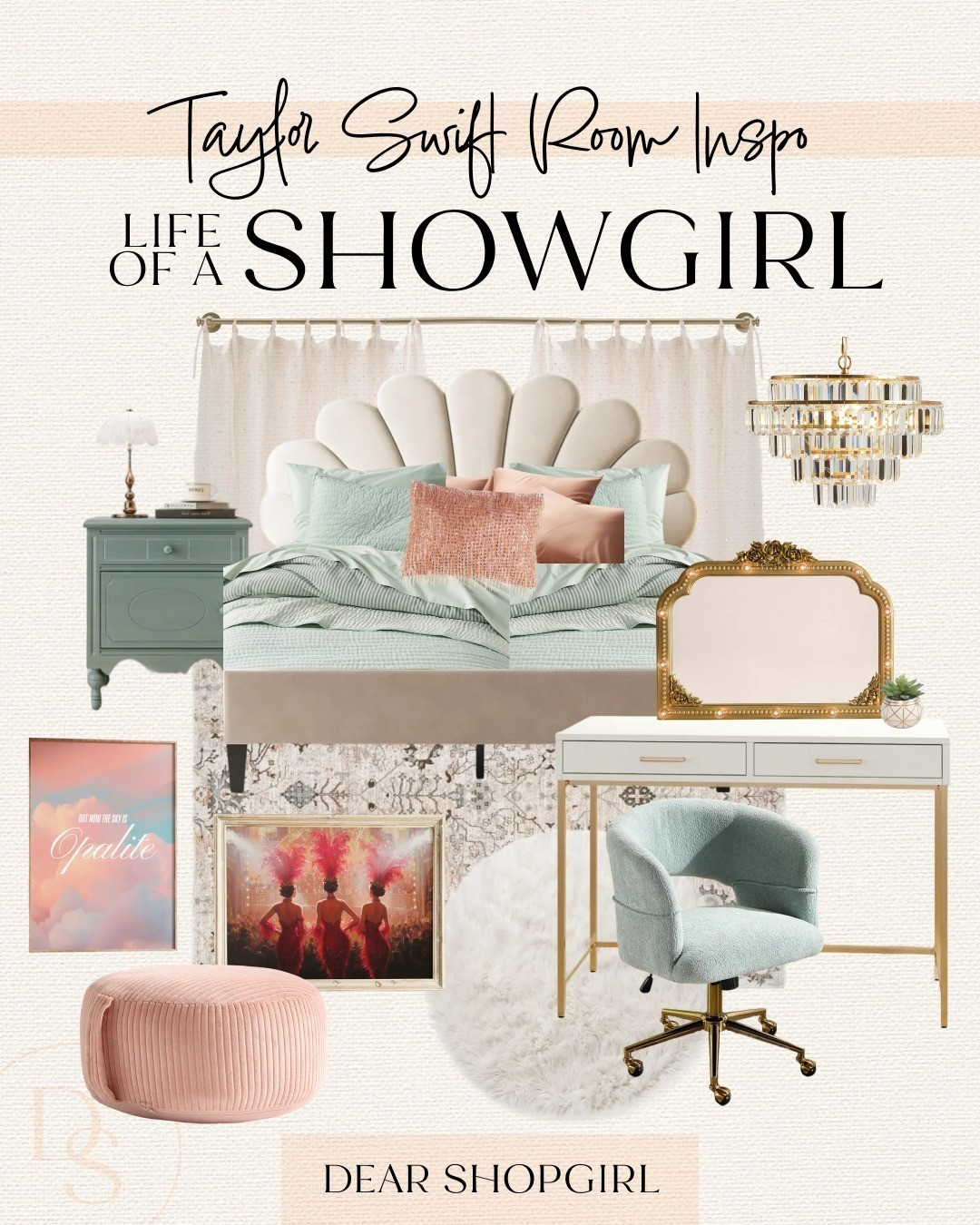 Sequins are forever, and now I know the life of a showgirl, babe ✨🧡 a Showgirl-inspired bedroom or dorm room for the ultimate Taylor Swift fan in your life! Sequins, glam bedding, chandeliers, vanity mirrors, Opalite skies wall art and vintage showgirls of course. Life of a showgirl, opalite, eldest daughter, swiftie 

 

#LTKHome #LTKKids #LTKGiftGuide