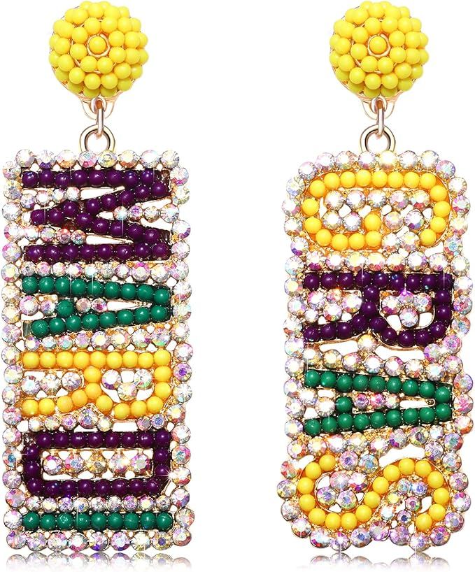 Mardi Gras Earrings Rhinestone MARDI GRAS Letter Beaded Drop Dangling Earrings Sparkly Holiday Je... | Amazon (US)