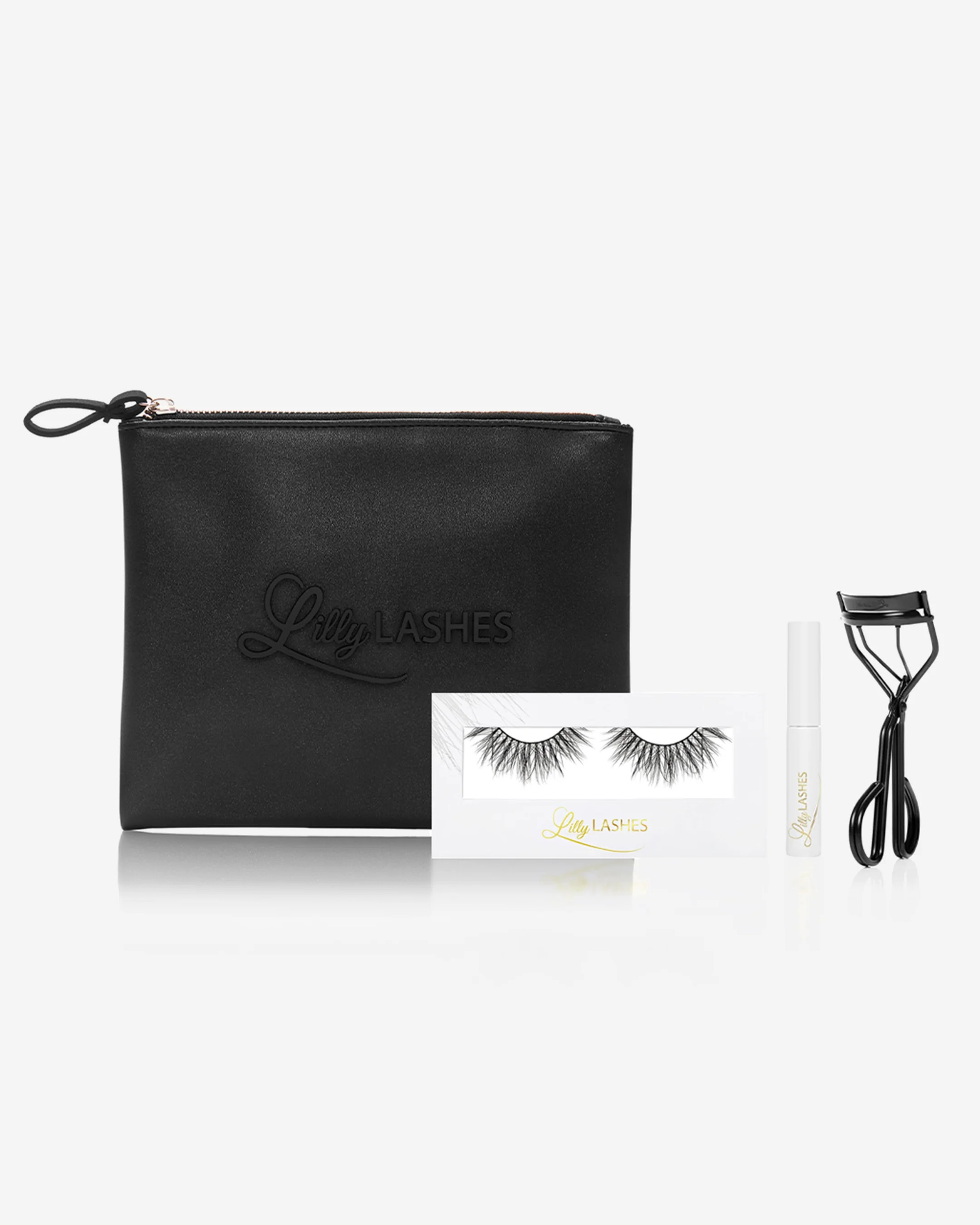 Lite Mink Best Seller Kit | Hollywoods Favorite Lash Brand | Goddess in Lite Mink, Clear Brush-on Lash Adhesive, Matte Black Lash Curler and Bag | Lilly Lashes