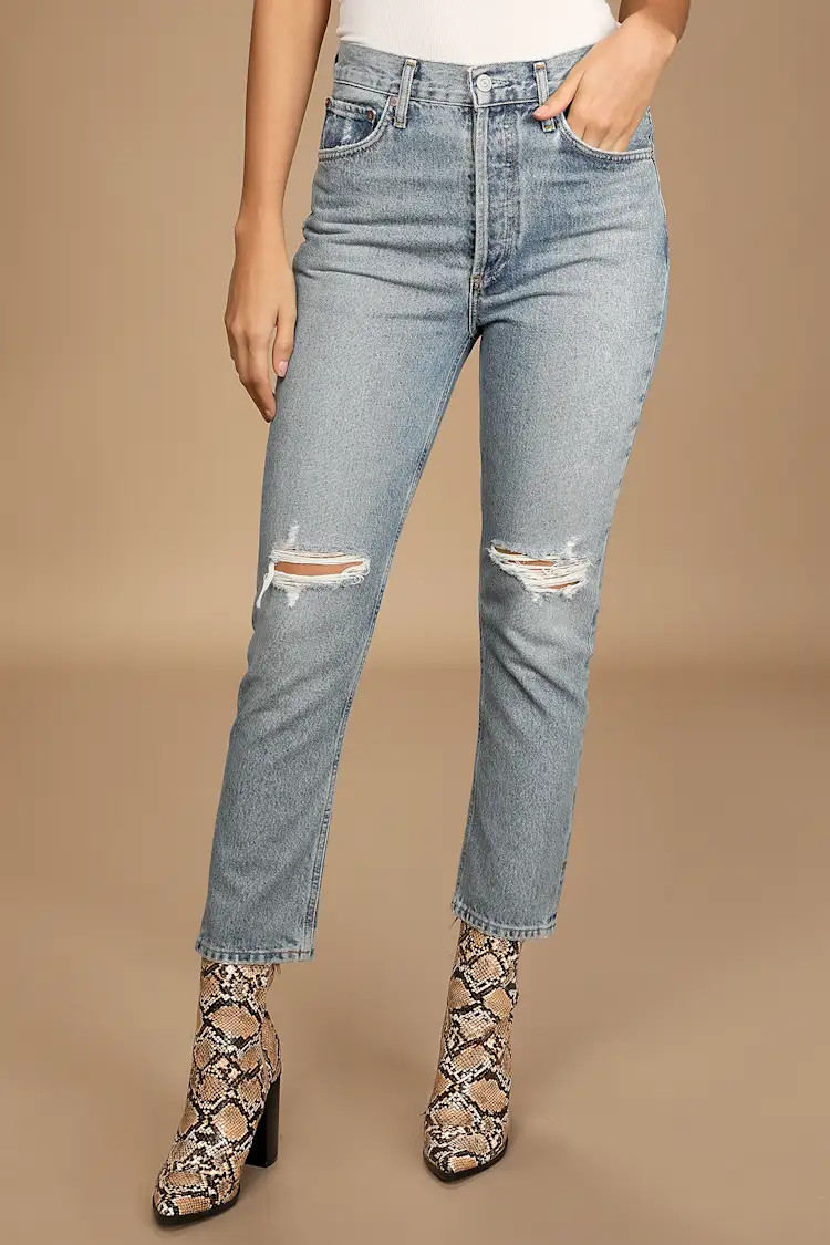 Riley Medium Wash Distressed High Rise Straight Cropped Jeans | Lulus (US)