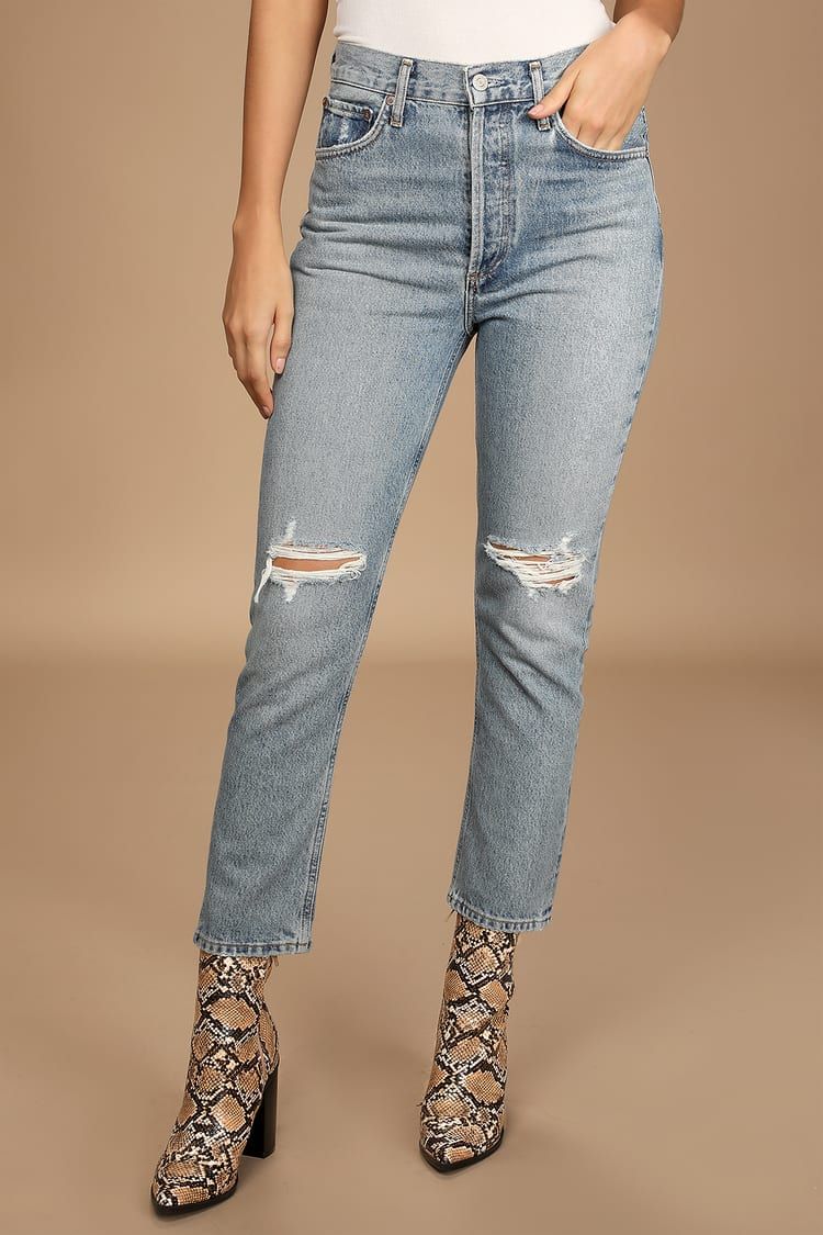 Riley Medium Wash Distressed High Rise Straight Cropped Jeans | Lulus (US)