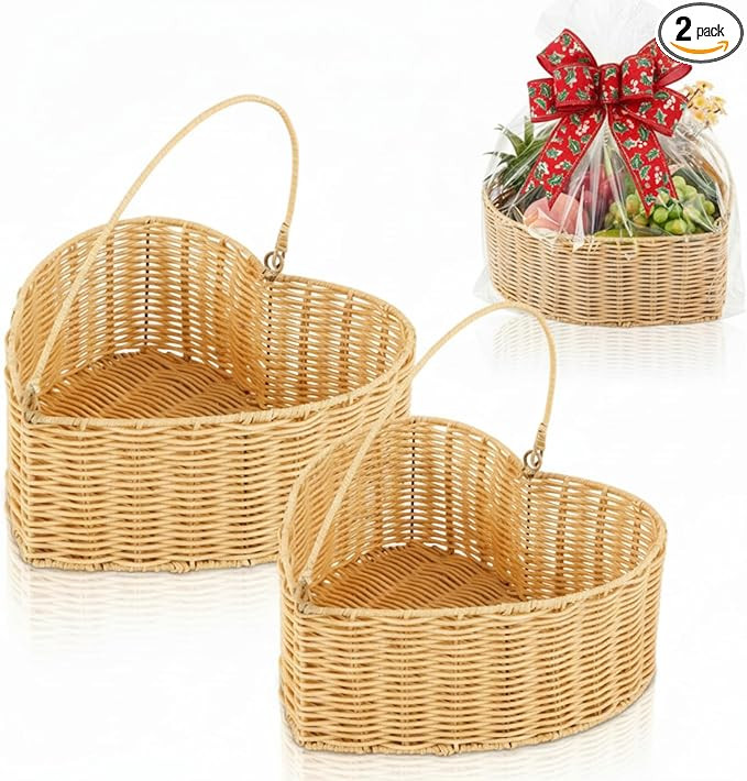 Qinyoung 2 Pcs Heart Wicker Picnic Basket with Handle Medium and Small Valentine's Day Heart Shap... | Amazon (US)