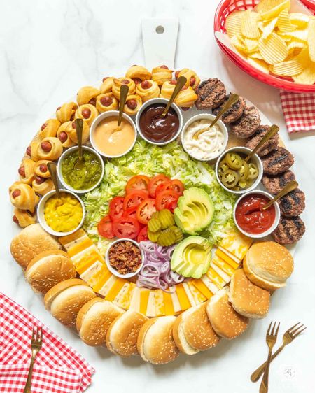 This slider board is a great way to celebrate the warm weather months and features mini burgers, pigs in the blankets and ALL of the toppings. charcuterie board grazing board cheese board summer entertaining pool party Memorial Day party food celebration food grilling board

#LTKunder50 #LTKhome #LTKfamily
