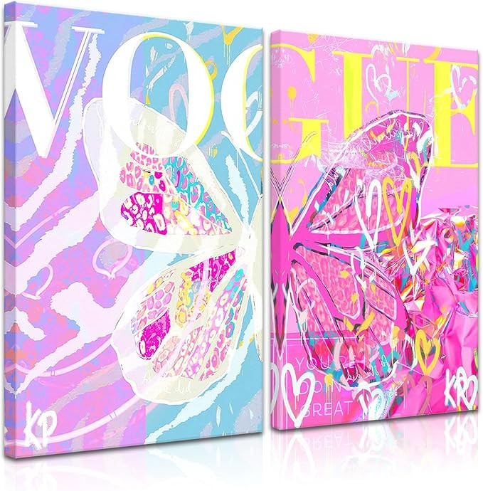 Djmwtb 2 Piece Vogue Pink Butterfly Posters Trendy Preppy Wall Art for Girls Bedroom Positive Aff... | Amazon (US)