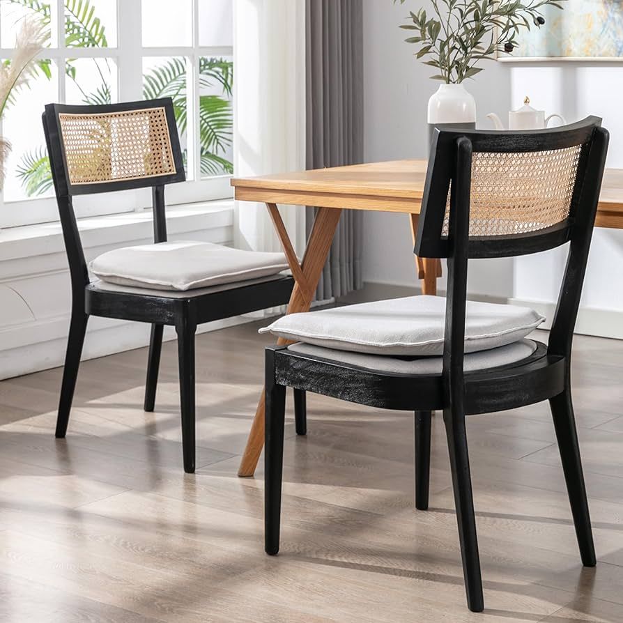 Guyou Black Rattan Dining Chairs Set of 2, Linen Upholstered Farmhouse Dining Chairs with Cane Ba... | Amazon (US)