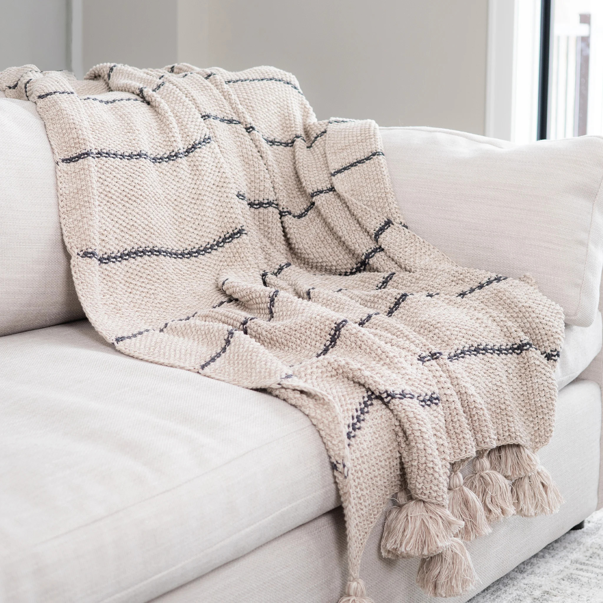 Elsie & Zoey Elin 50x60" Recycled Cotton Beige Striped Decorative Throw Blanket | Walmart (US)
