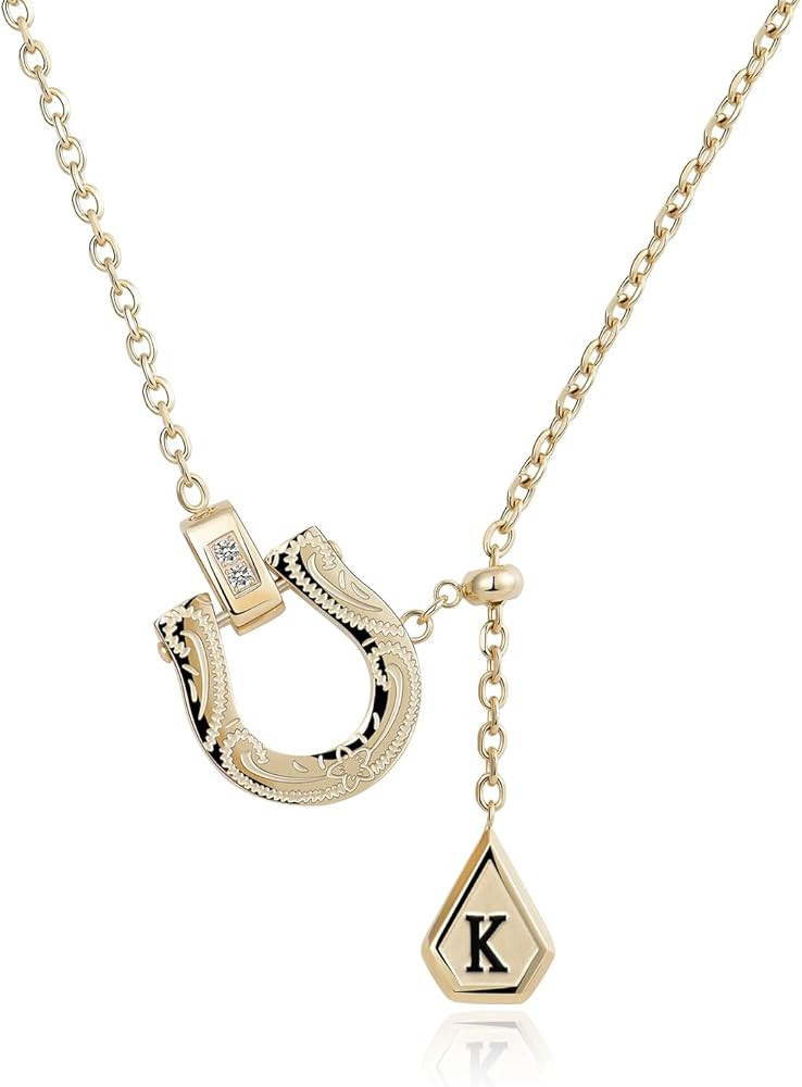 14K Gold Plated Letter Horseshoe Initial Necklace for Women with Clear CZ, Lucky Charm Horse Jewe... | Amazon (US)